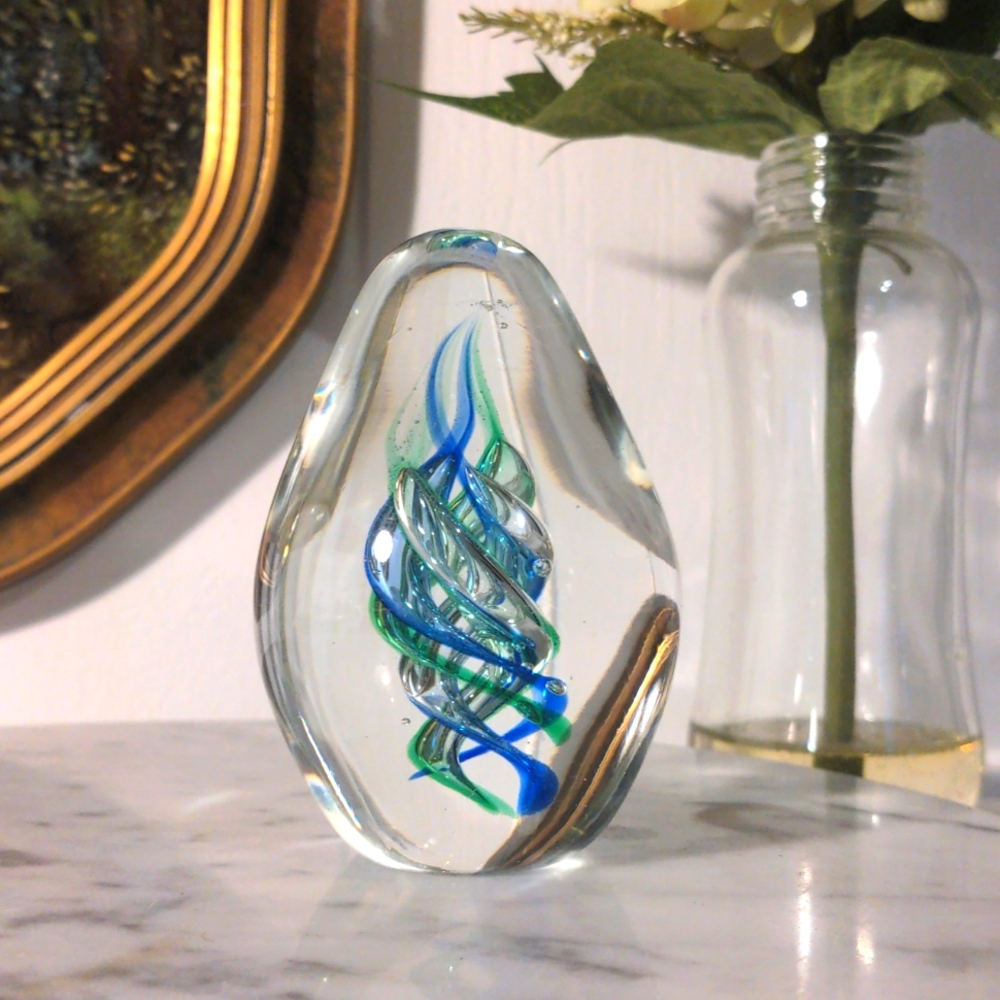 Glass Art Sculptured Paper Weight with Blue and Green Swirls